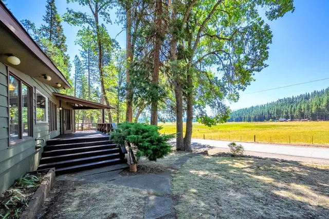 a view of a backyard with a trees and barn