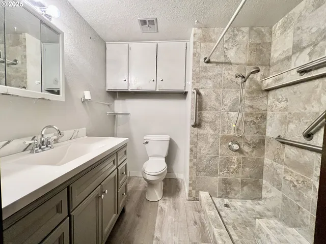 a bathroom with a granite countertop sink a toilet and shower