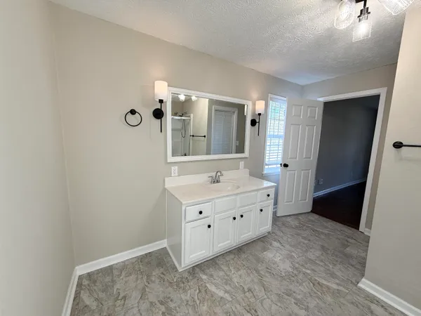 a bathroom with a granite countertop sink and a mirror
