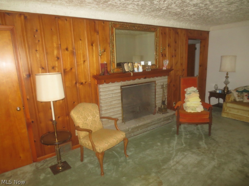 14355 Aquilla Road Burton, OH 44021 - Photo 11 of 22 20' x 14' living room with wood burning fireplace and knotty pine paneled wall.
