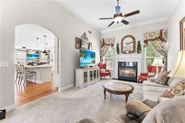 a living room with furniture a rug and a fireplace