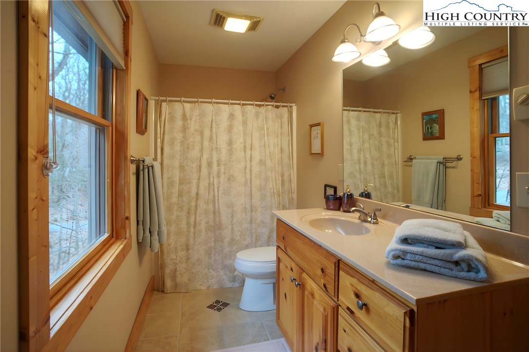 167 Rhododendron Drive Beech Mountain, NC 28604 - Photo 23 of 46 a bathroom with a sink a toilet and a large mirror