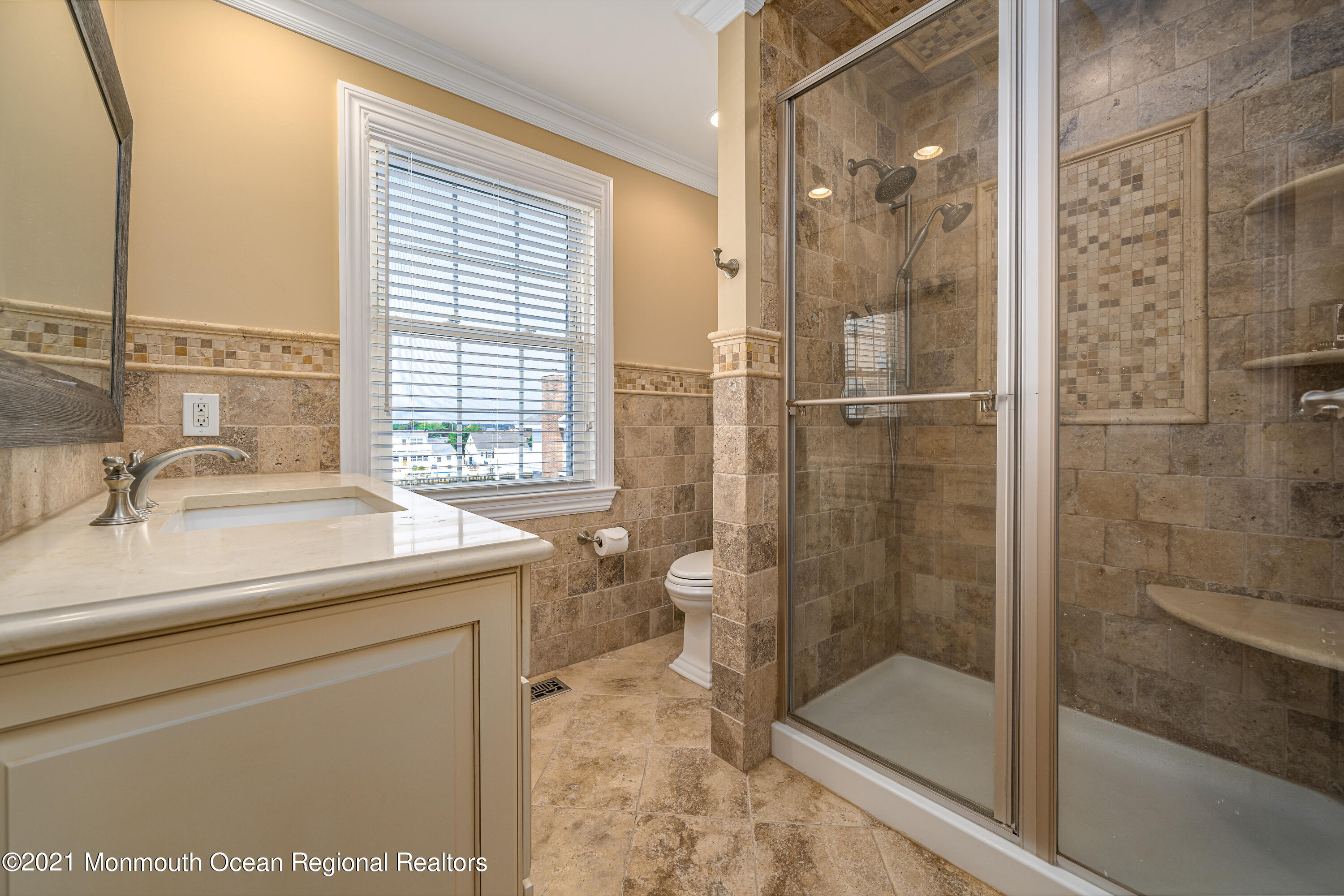 117 Clifton Road Barnegat, NJ 08005 - Photo 31 of 44 a bathroom with a granite countertop sink a toilet and shower