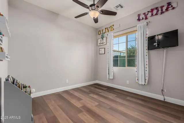 a garden view with a seating space