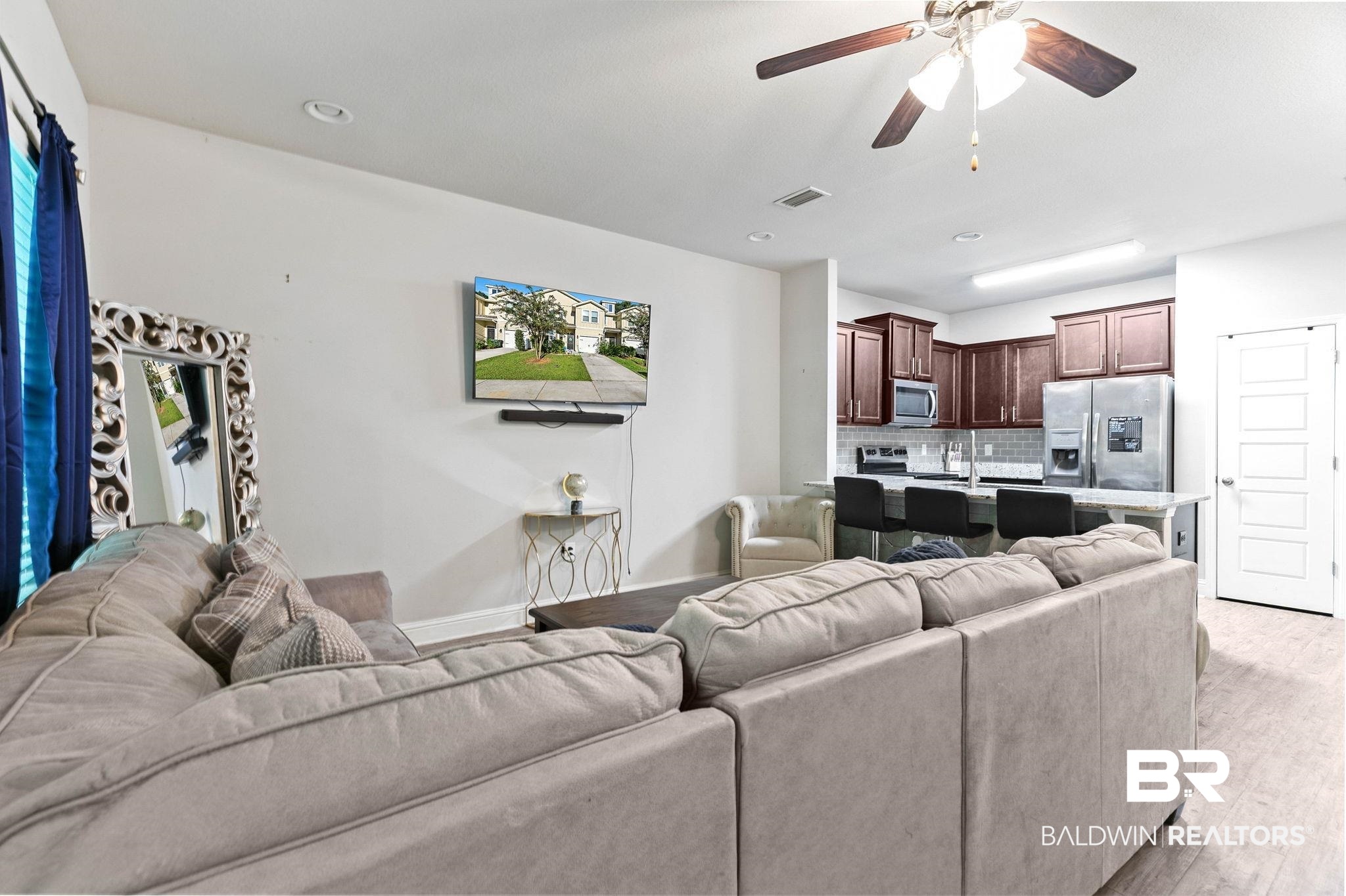 25806 Pollard Road, Unit 24 Daphne, AL 36526 - Photo 5 of 33 Living room with light wood finished floors, ceiling fan, and recessed lighting