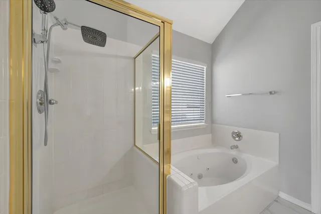 a bathroom with a bathtub and a shower