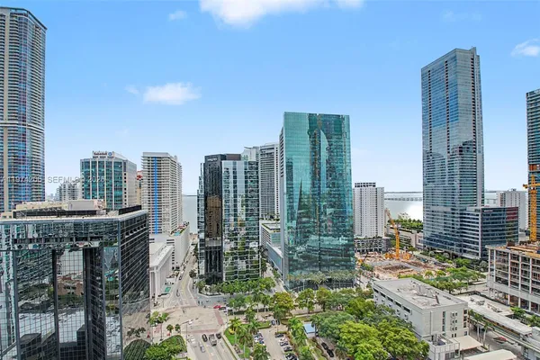 a city view with tall buildings