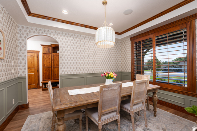 687 South 2080th Street East Springville, UT 84663 - Photo 9 of 149 Dining area featuring wood-finish flooring, a decorative chandelier, and recessed lighting