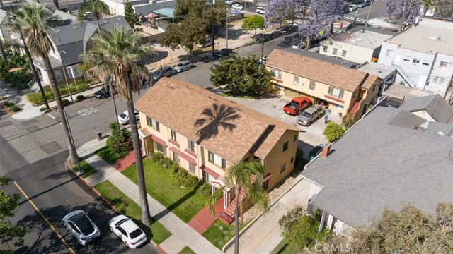 an aerial view of a house with a garden