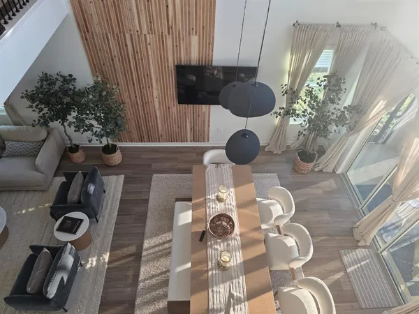 a table with chairs and a stove