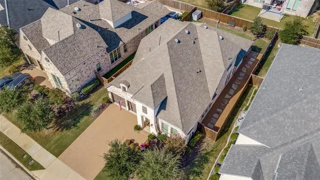 an aerial view of a swimming pool