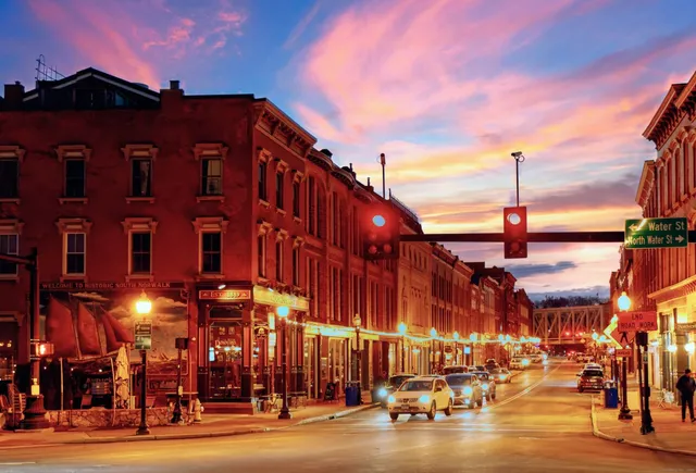 a view of a building with a street