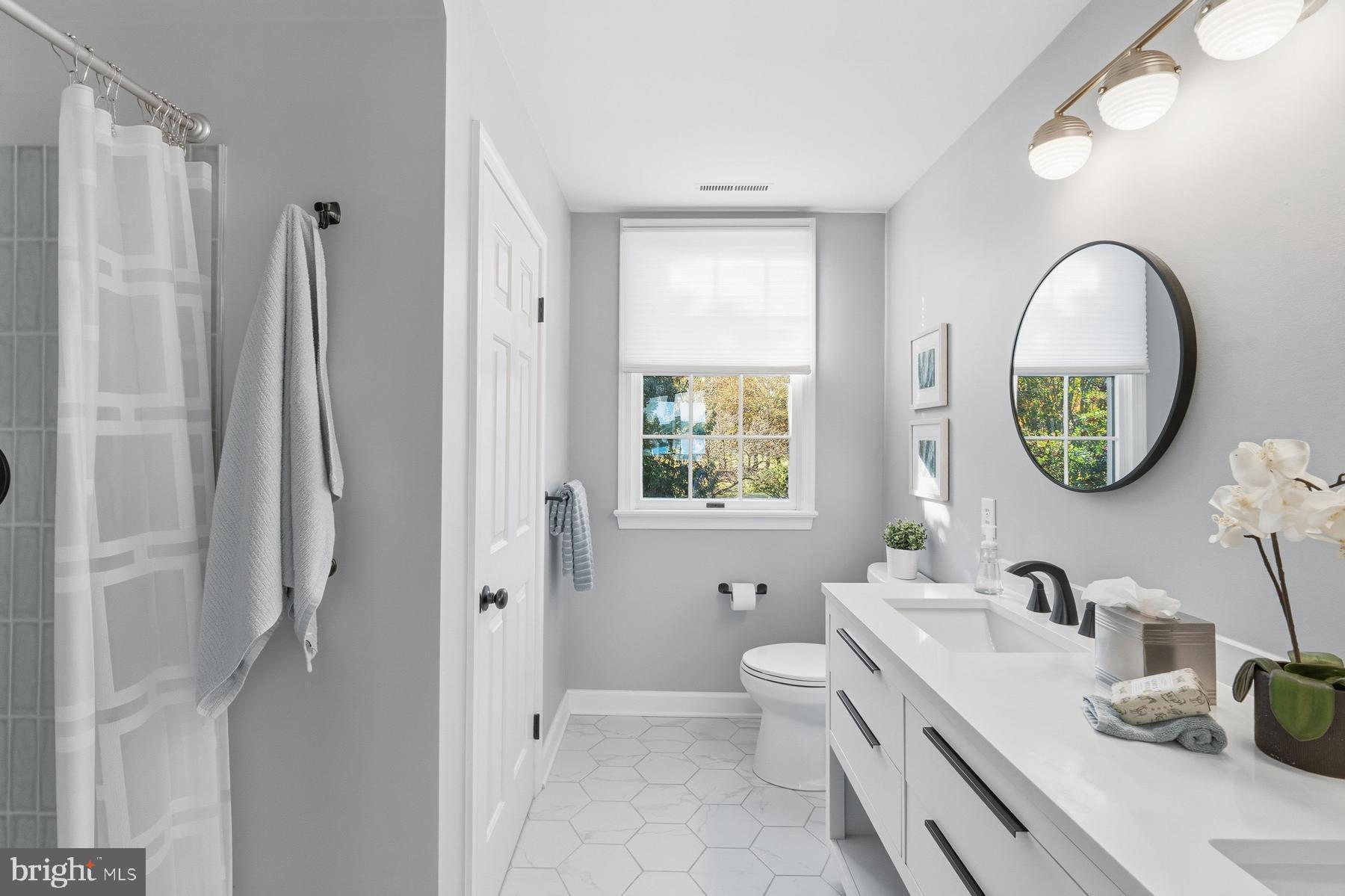 25500 Chance Farm Road St. Michaels, MD 21663 - Photo 24 of 43 a bathroom with a granite countertop sink a mirror a vanity and a shower