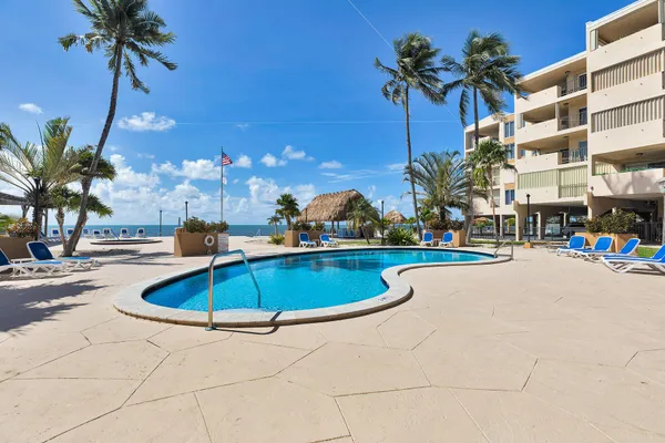 a view of swimming pool with a lounge chair and palm trees