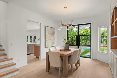 a dining room with furniture and a window