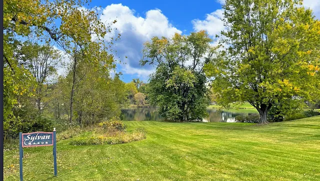 an aerial view of residential houses with outdoor space and trees