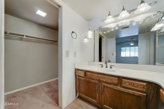 a bathroom with a sink vanity and a mirror