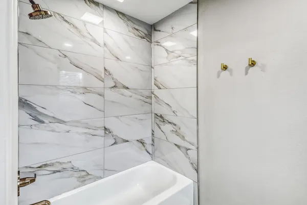 a bathroom with a bathtub and a shower