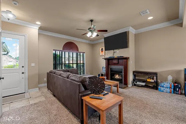 a living room with furniture a fireplace and a flat screen tv