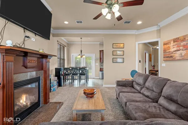 a living room with furniture and a fireplace