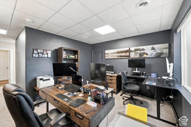 7939 Seattle Slew Road Eagle Mountain, UT 84005 - Photo 35 of 52 Office space featuring dark walls, carpet flooring, a window, and recessed lighting