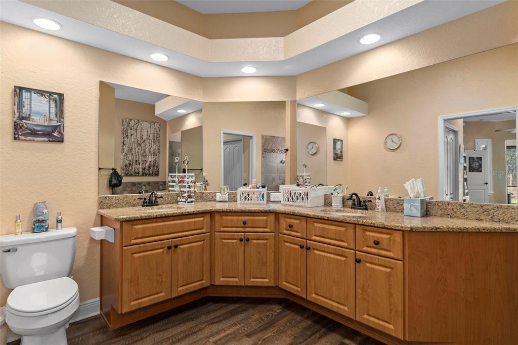 39 Linder Street Homosassa, FL 34446 - Photo 30 of 63 a spacious bathroom with a granite countertop toilet sink and mirror