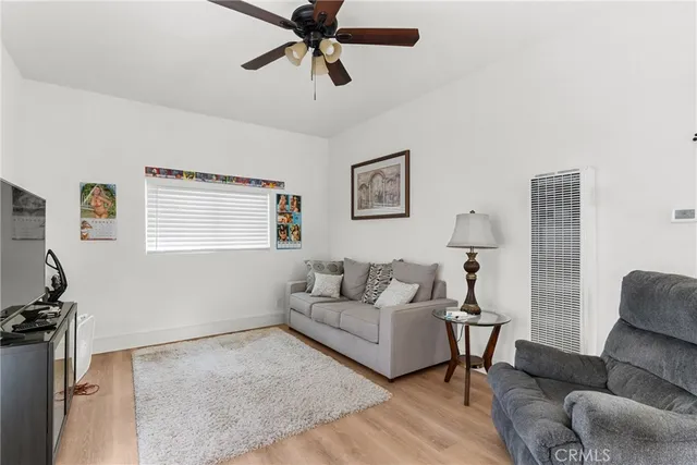 a view of a park with large trees