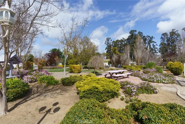 a view of a patio with a table and chairs under an umbrella with large trees