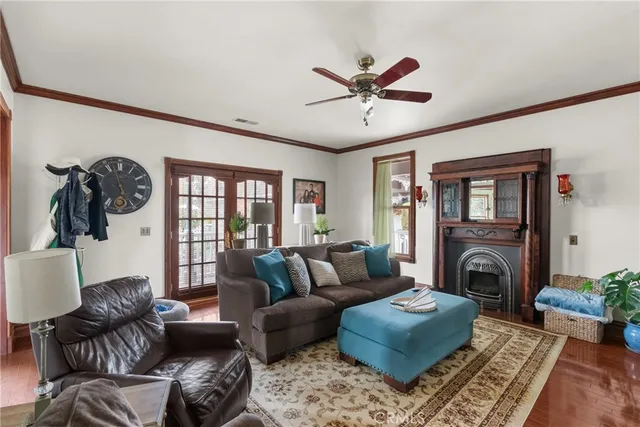 a living room with furniture a rug potted plant and a window