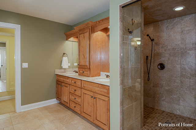 606 Wellner Road Naperville, IL 60540 - Photo 21 of 30 a bathroom with a granite countertop sink mirror and shower