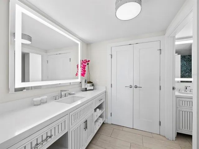 a bathroom with a sink and a mirror
