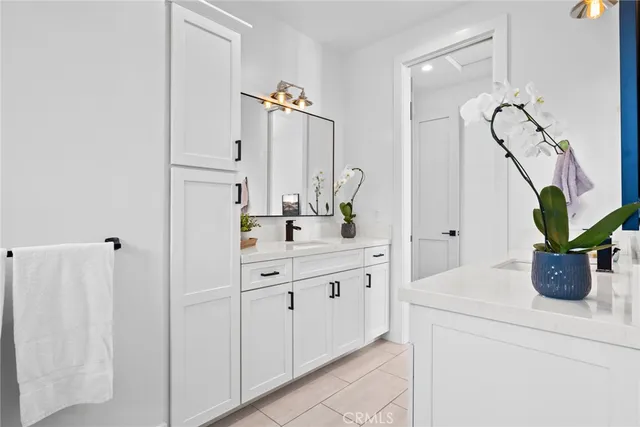 a bathroom with a double vanity sink and a potted plant