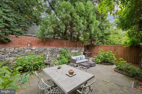 a view of a backyard with plants and a patio
