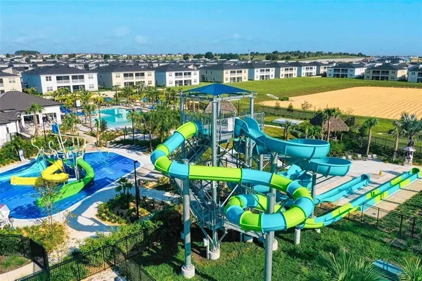 an aerial view of a swimming pool