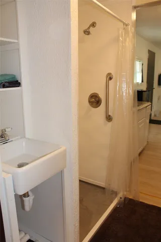 a bathroom with a sink and a shower