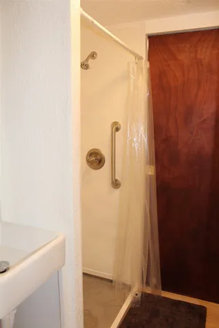 a bathroom with a shower and a sink