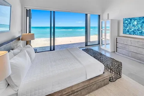 a spacious bedroom with a large bed and a large window