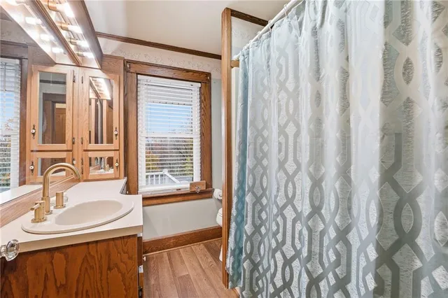a bathroom with a sink a mirror and a shower curtain