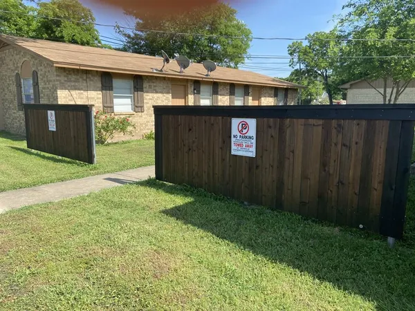 a view of a backyard with plants and large tree