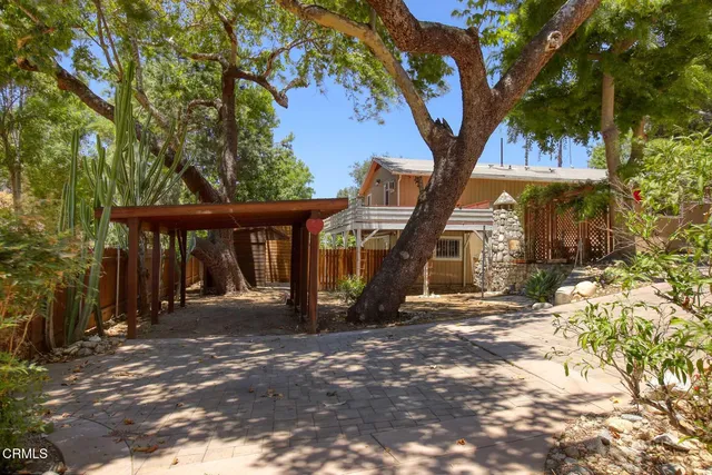 a view of backyard with wooden fence and large trees