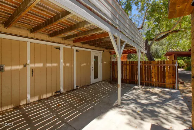 a view of a backyard with large trees and plants
