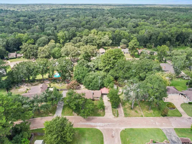 an aerial view of residential houses with outdoor space and trees