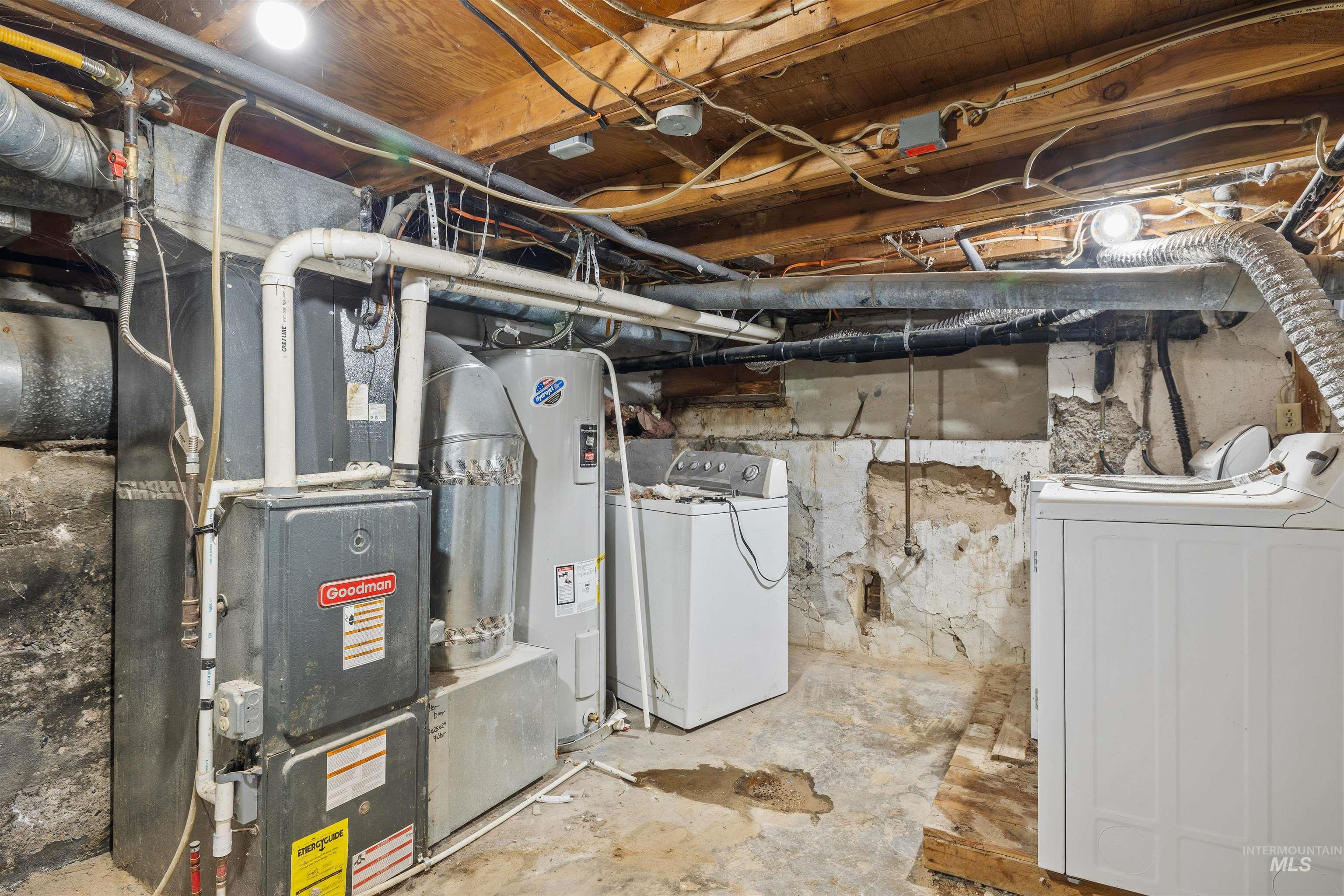 617 Eden Street North Twin Falls, ID 83301 - Photo 19 of 25 Unfinished basement featuring water heater, heating unit, and washing machine and clothes dryer
