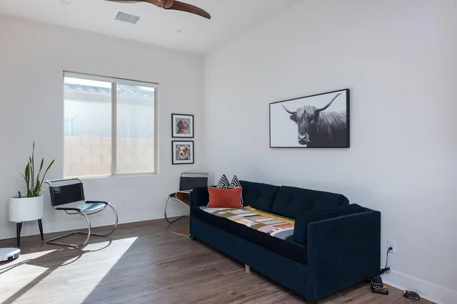 a living room with furniture and a potted plant