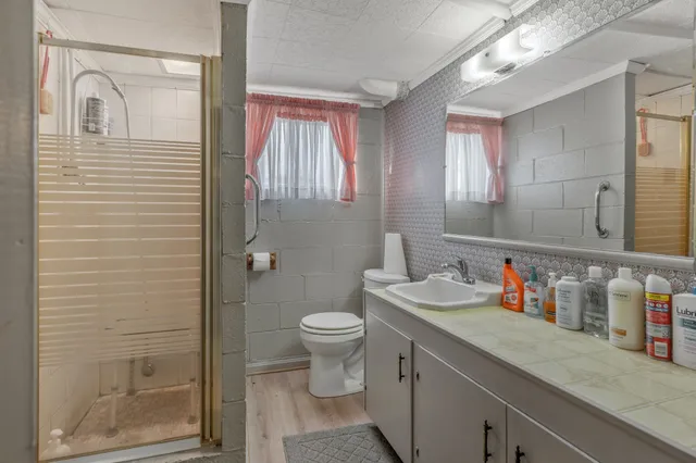 a bathroom with a granite countertop sink a toilet and a shower