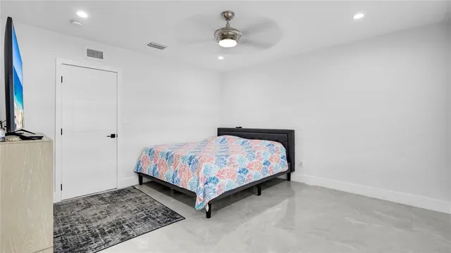 a bedroom with a bed and a flat tv screen on dresser