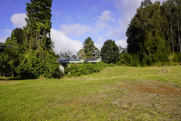 a yard with a house in the background