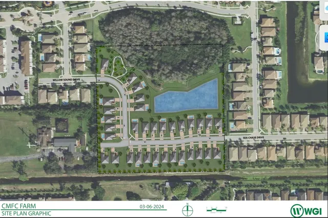 an aerial view of residential houses with outdoor space and swimming pool