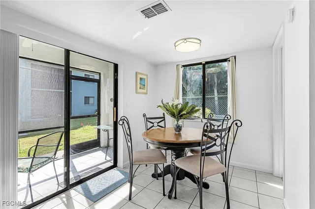 a view of a dining room with furniture window and outside view