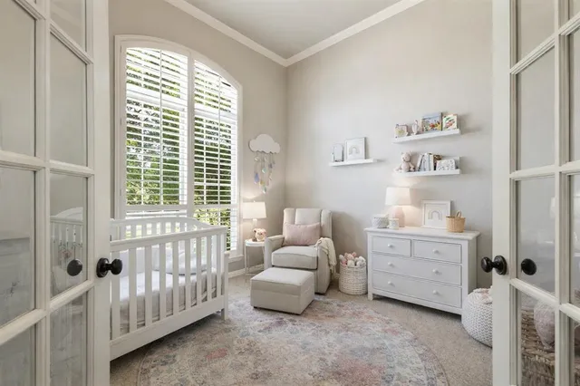 a bedroom with baby bed and a window